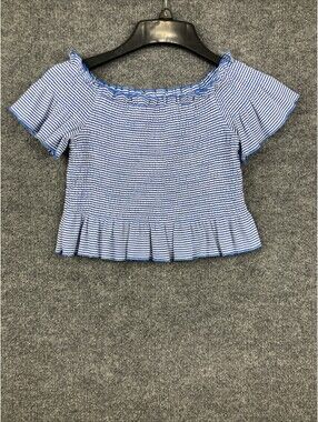Almost Pink Womens Size Small Blue & White Striped Boat Neck Stretch Crop Top